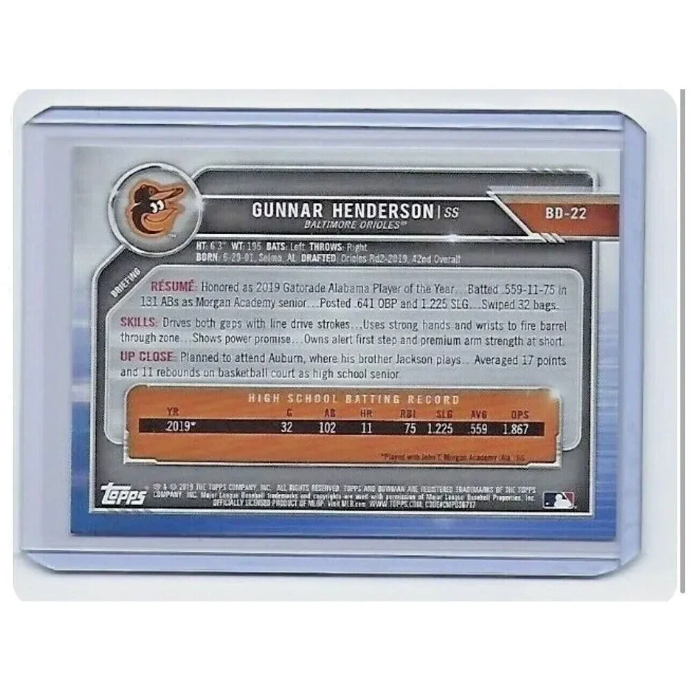 2019 Bowman Gunnar Henderson 1st Bowman #BD-22 Baltimore Orioles